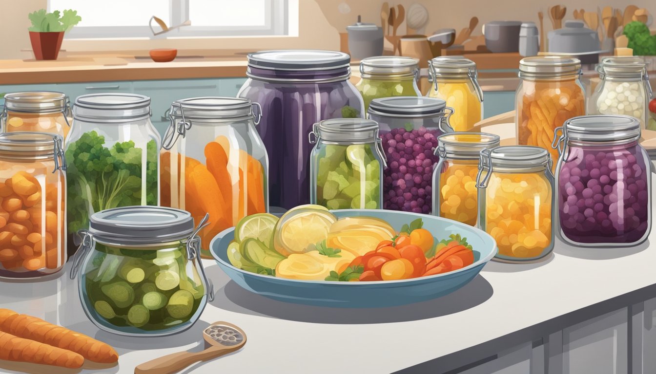 A colorful kitchen counter displays an array of jars filled with various fermented foods, surrounded by child-friendly recipe books and kitchen utensils