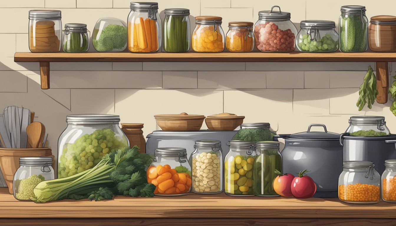 A rustic kitchen with jars of fermenting vegetables, bubbling crocks, and a wooden table covered in cookbooks and fermentation tools