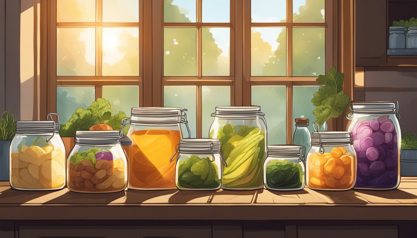 A rustic kitchen with jars of fermenting vegetables, bubbling kombucha, and sourdough starter on a wooden table. Sunlight streams through a window, casting a warm glow on the scene