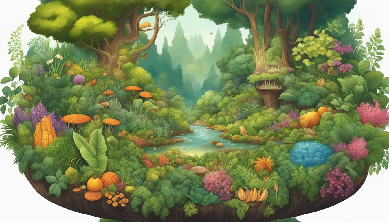 A lush, vibrant forest teeming with diverse plant and animal life, with a bubbling fermentation vessel at the center, surrounded by traditional culinary ingredients