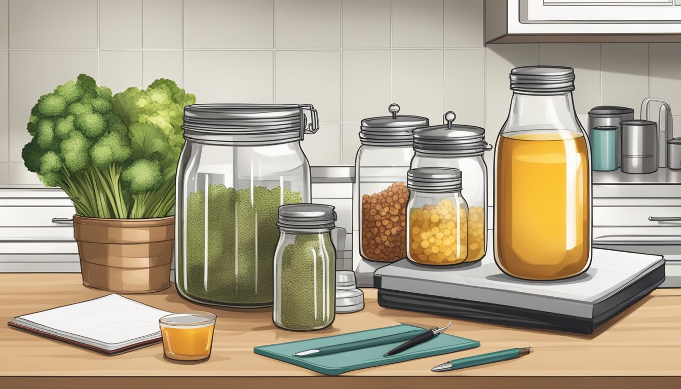 A clean kitchen counter with jars of fermenting food, a thermometer, and a notebook for recording observations