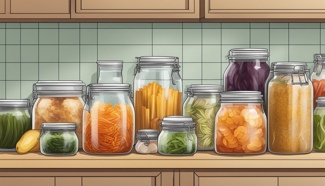 A variety of jars and containers filled with fermenting foods, such as kimchi, sauerkraut, and kombucha, displayed on a kitchen counter