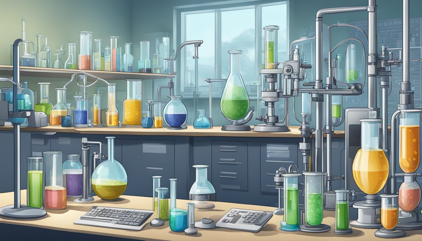 A laboratory filled with bubbling beakers and scientific equipment, with a microscope and computer screen displaying data on fermentation