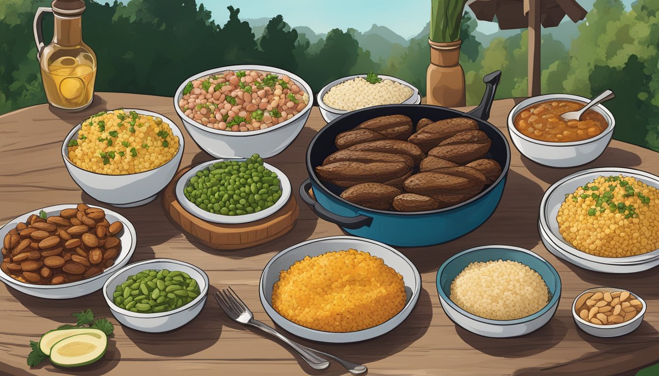 A rustic outdoor BBQ spread with six vibrant side dishes, featuring Lockhart Beans and Rice as the star of the show