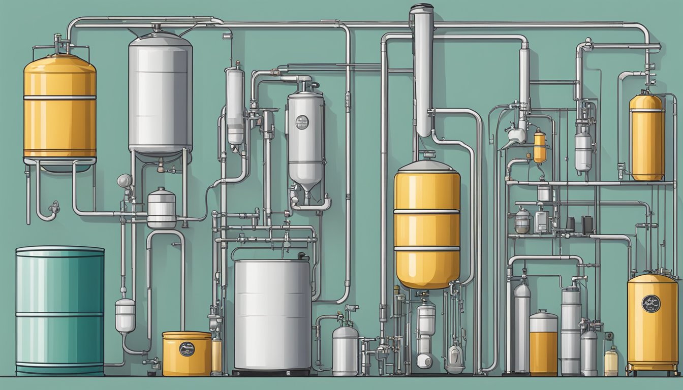 A collection of fermentation equipment including tanks, barrels, airlocks, and tubing arranged in a clean and organized manner