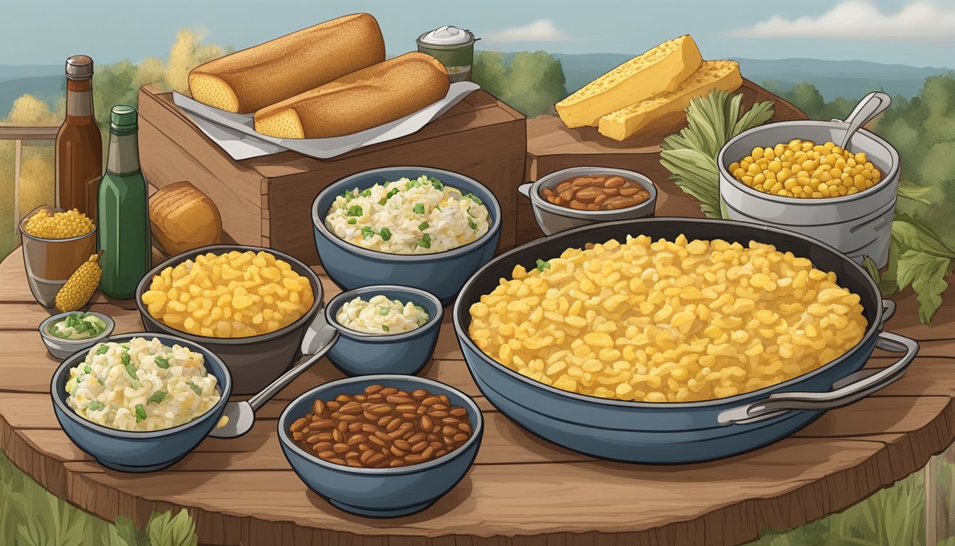 A rustic outdoor BBQ spread with cornbread, coleslaw, baked beans, mac and cheese, potato salad, and corn on the cob