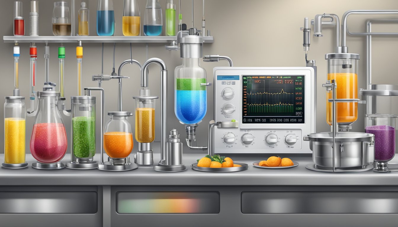 A table with various monitoring and control instruments for fermenting, including thermometers, pressure gauges, and pH meters