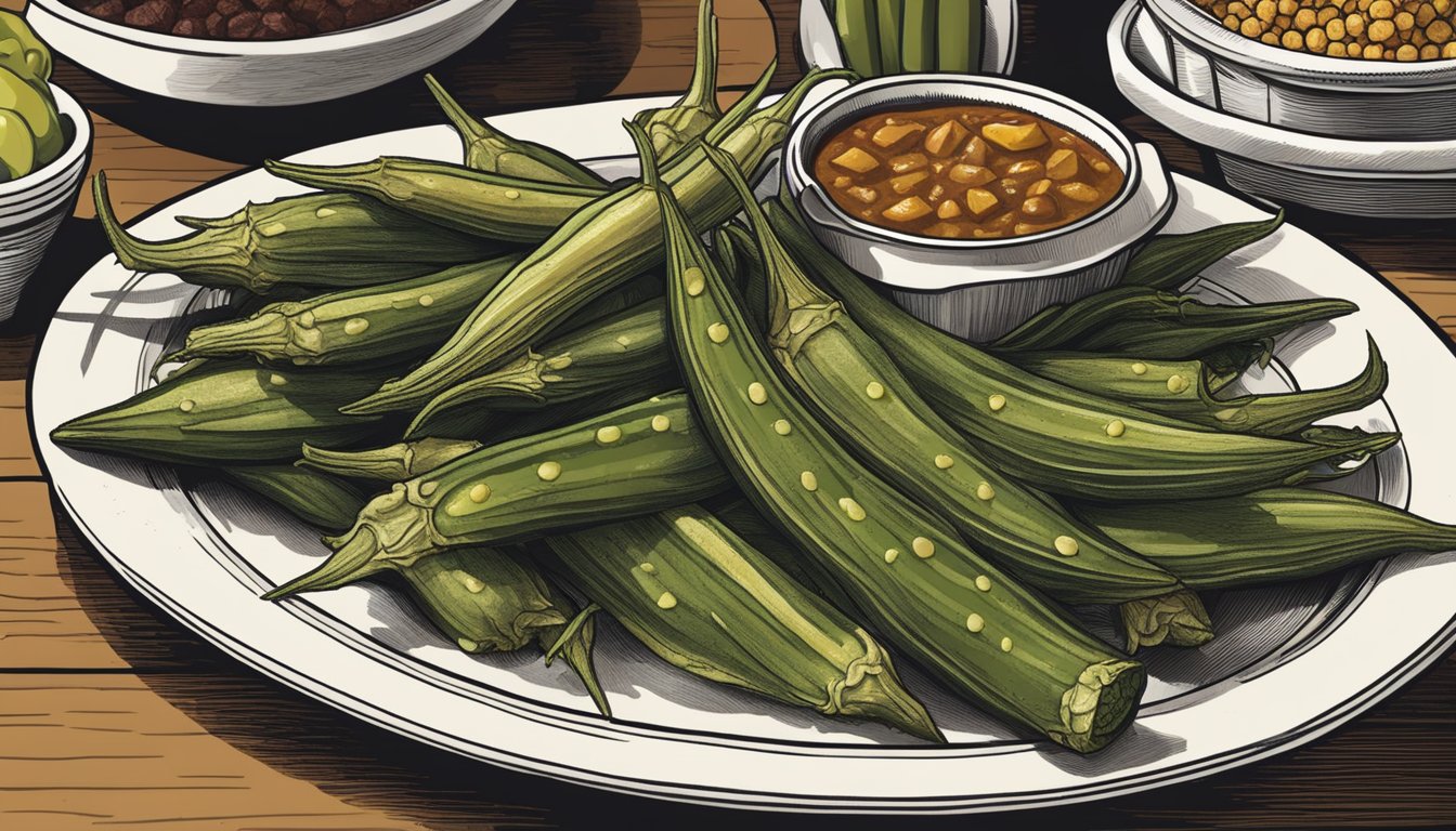 A plate of spicy pickled okra sits alongside classic BBQ sides in a bustling Lockhart restaurant