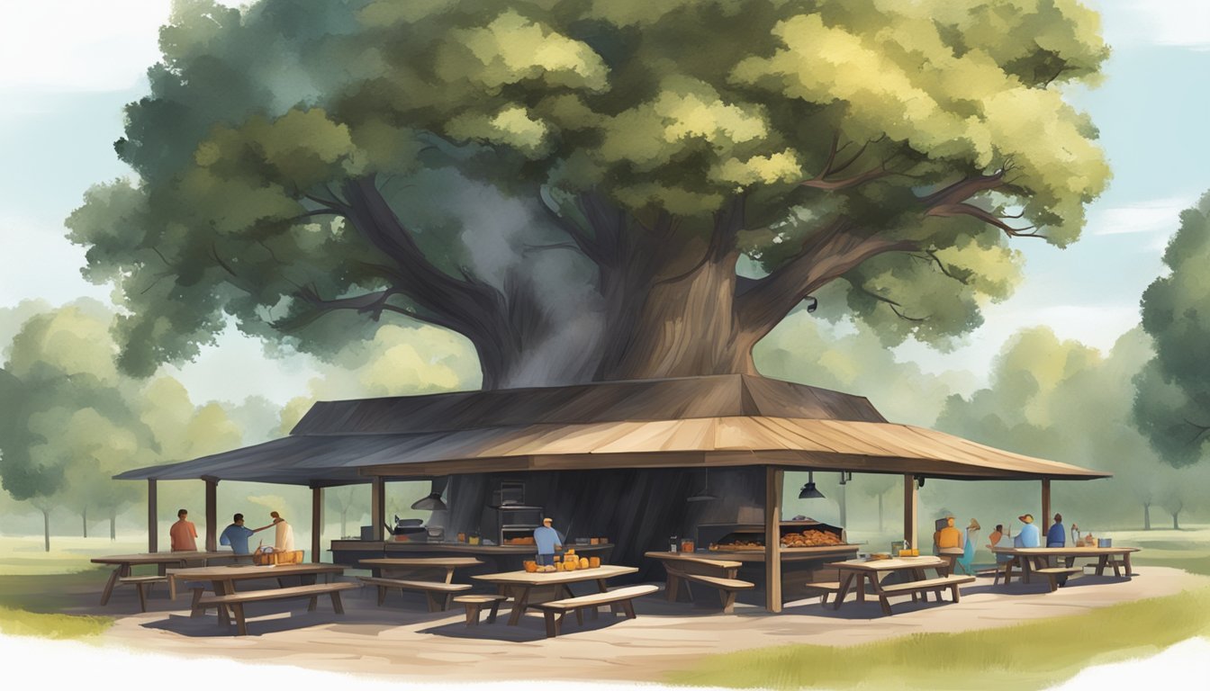 A rustic BBQ joint with a weathered wooden exterior, smoke billowing from a large pit, and picnic tables set under a shady oak tree