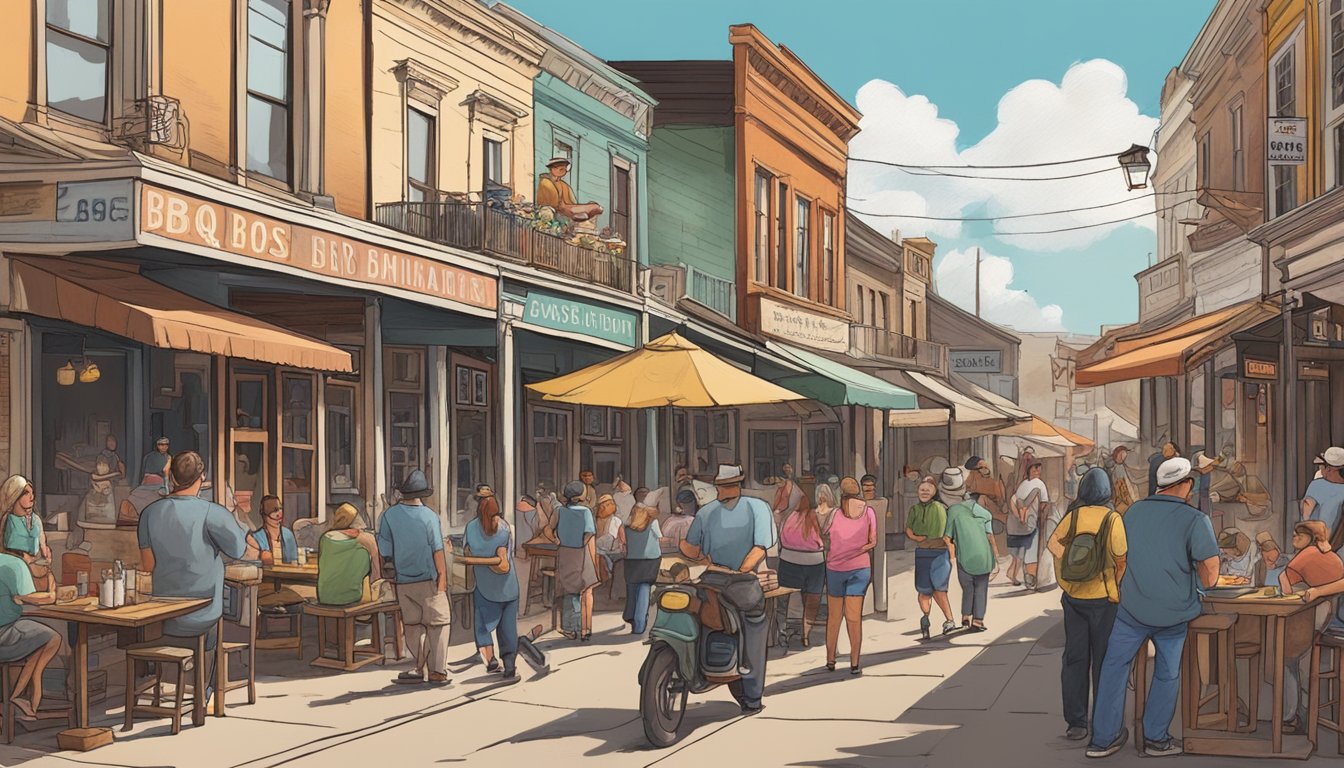 A bustling street in Lockhart, Texas, lined with historic BBQ joints, smoke billowing from the pits, and locals and tourists alike enjoying the savory aroma