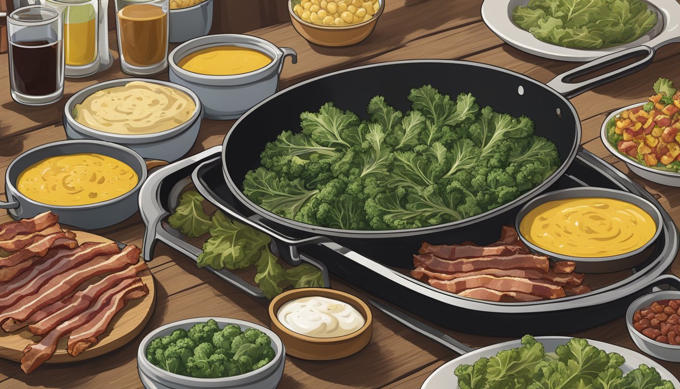 A sizzling skillet of mustard greens and bacon on a rustic outdoor BBQ spread with other iconic Lockhart side dishes