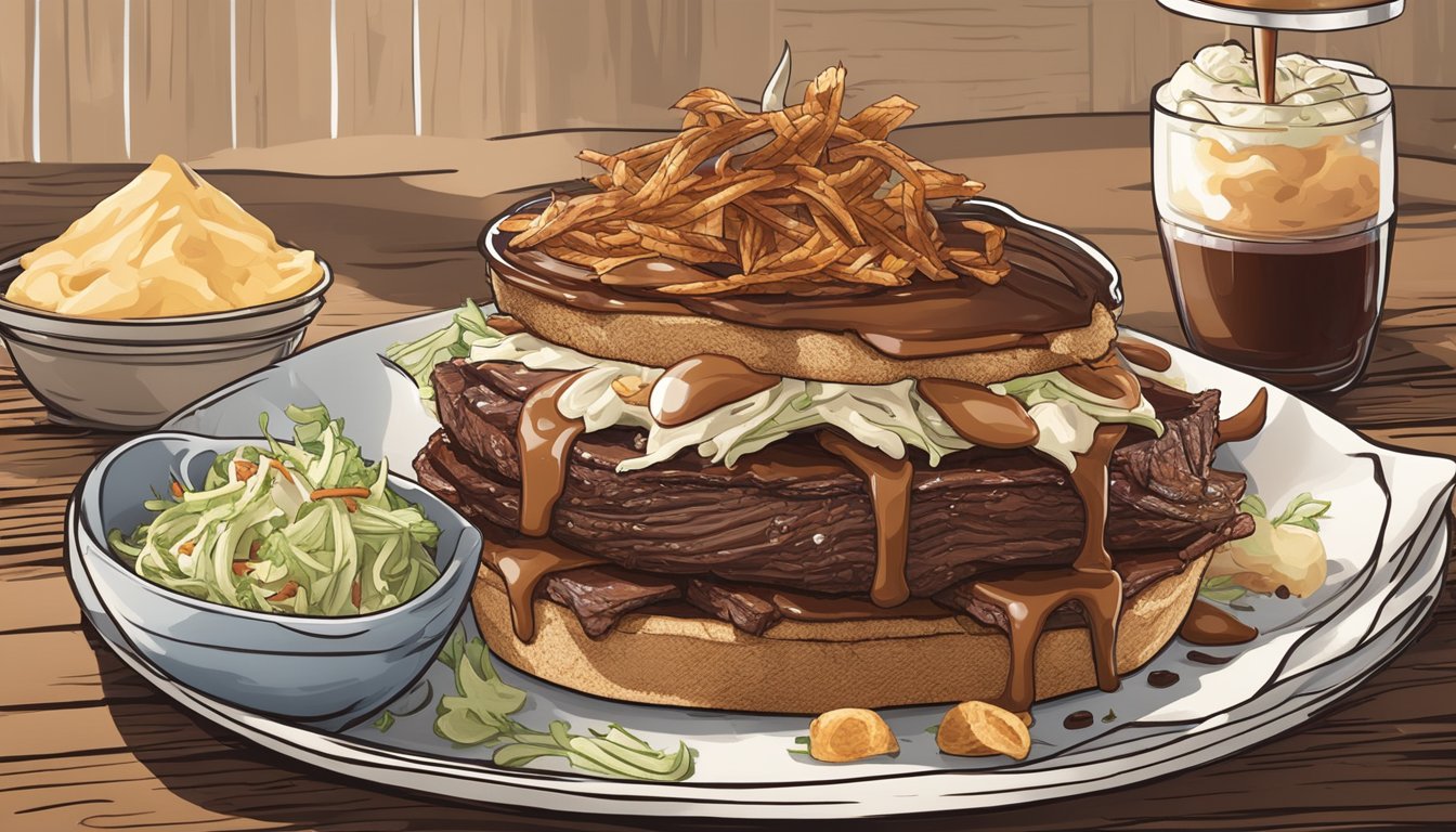 A towering sundae of smoked brisket, topped with savory barbecue sauce and creamy coleslaw, served in a rustic, Texas-style BBQ joint