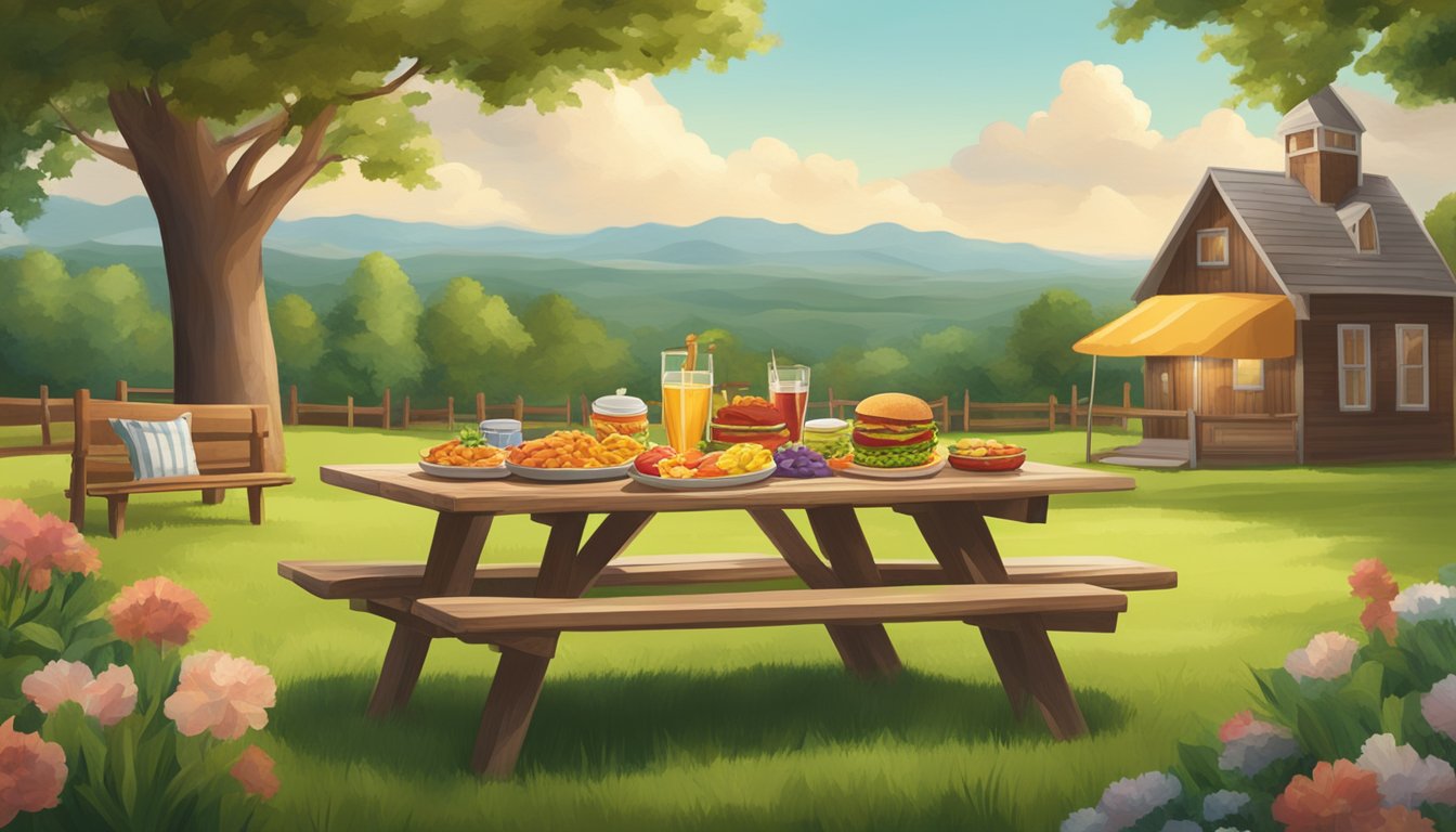 A rustic wooden picnic table adorned with six classic BBQ side dishes, surrounded by a lush green lawn and a picturesque Texas landscape