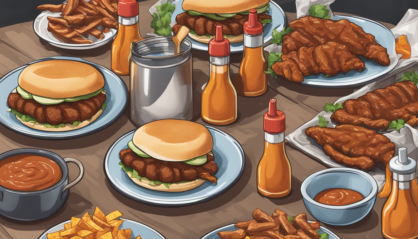 A table with four bottles of Texas Twister Chipotle Sauce surrounded by BBQ grills and smoke