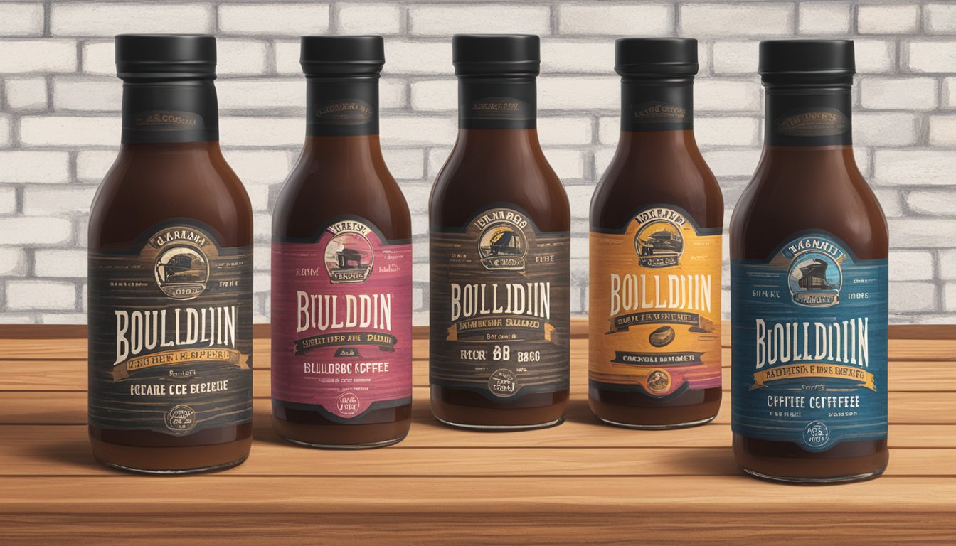 A rustic wooden table with four bottles of Bouldin Creek Coffee BBQ Sauce, each with a different label, set against a backdrop of Lockhart's iconic barbecue scene