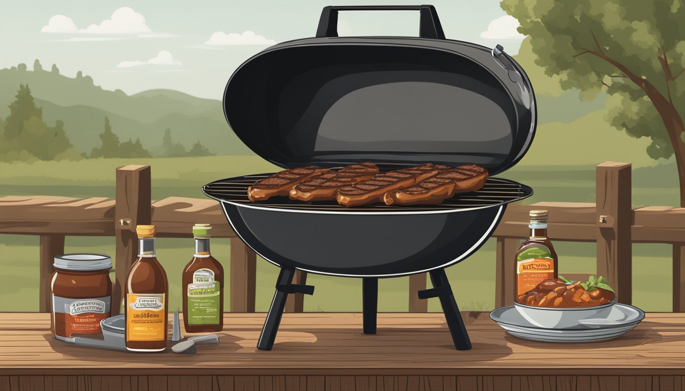 A rustic outdoor barbecue with four bottles of Lockhart Smoky Mesquite Blend BBQ sauce on a wooden table surrounded by grilling utensils and smoke rising from the grill