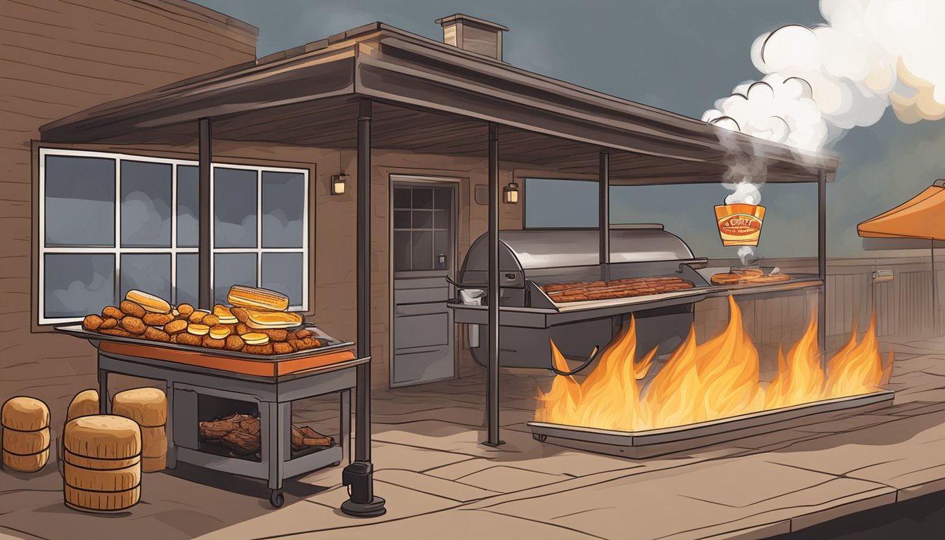 A smoky barbecue pit with a row of Texas Twinkies sizzling over the flames at a Lockhart BBQ restaurant