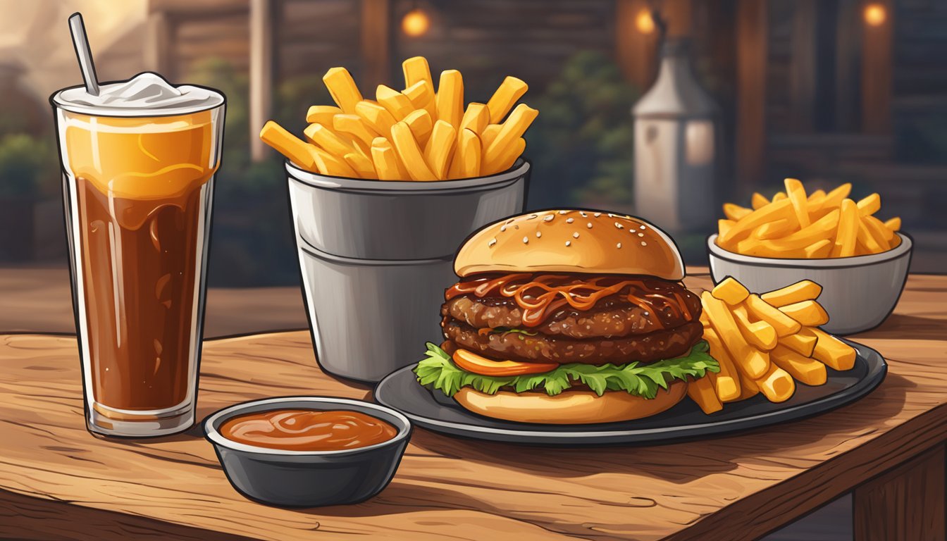 A sizzling BBQ Mac and Cheese Burger sits on a rustic wooden table, surrounded by smoky barbecue sauce and a side of crispy fries