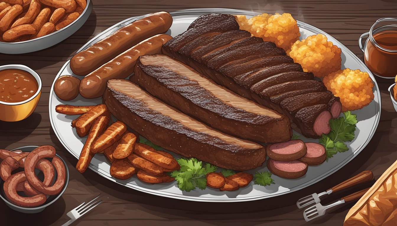 A platter of smoky brisket, ribs, and sausages surrounded by sizzling grill marks and a cloud of savory barbecue aroma