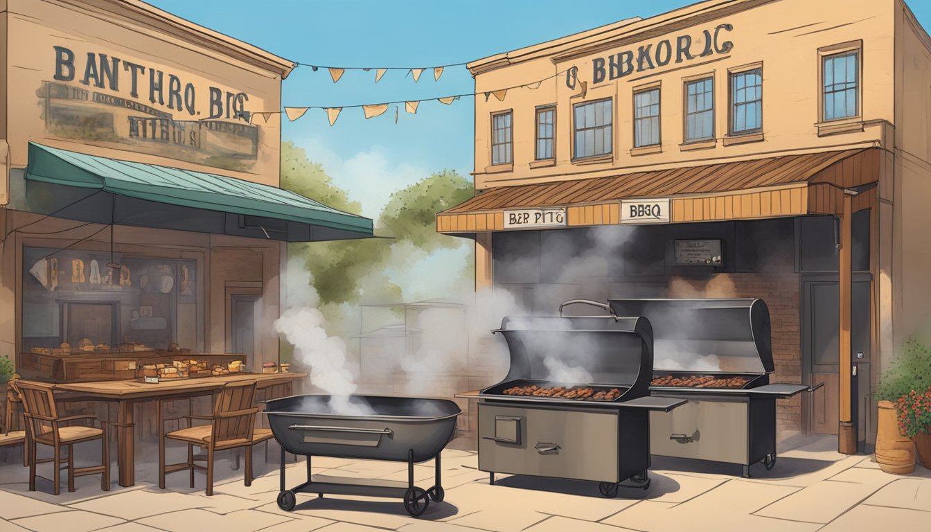 Three historic BBQ pits in Lockhart, Texas, each with unique cultural significance, surrounded by a bustling atmosphere of smoke, savory aromas, and eager patrons