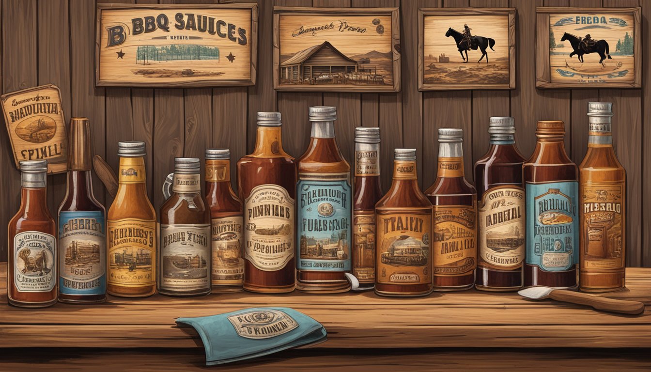 A rustic wooden table with an array of BBQ sauce bottles, surrounded by vintage signage and cowboy memorabilia, set against a backdrop of the Chisholm Trail