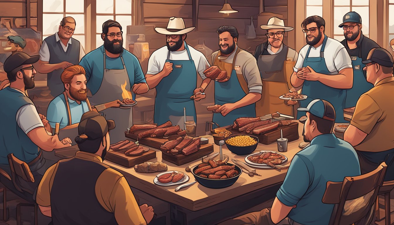 A group of BBQ enthusiasts gather at Lockhart Smokehouse for an exclusive pitmaster class, surrounded by smokers, grills, and a mouthwatering array of meats and spices