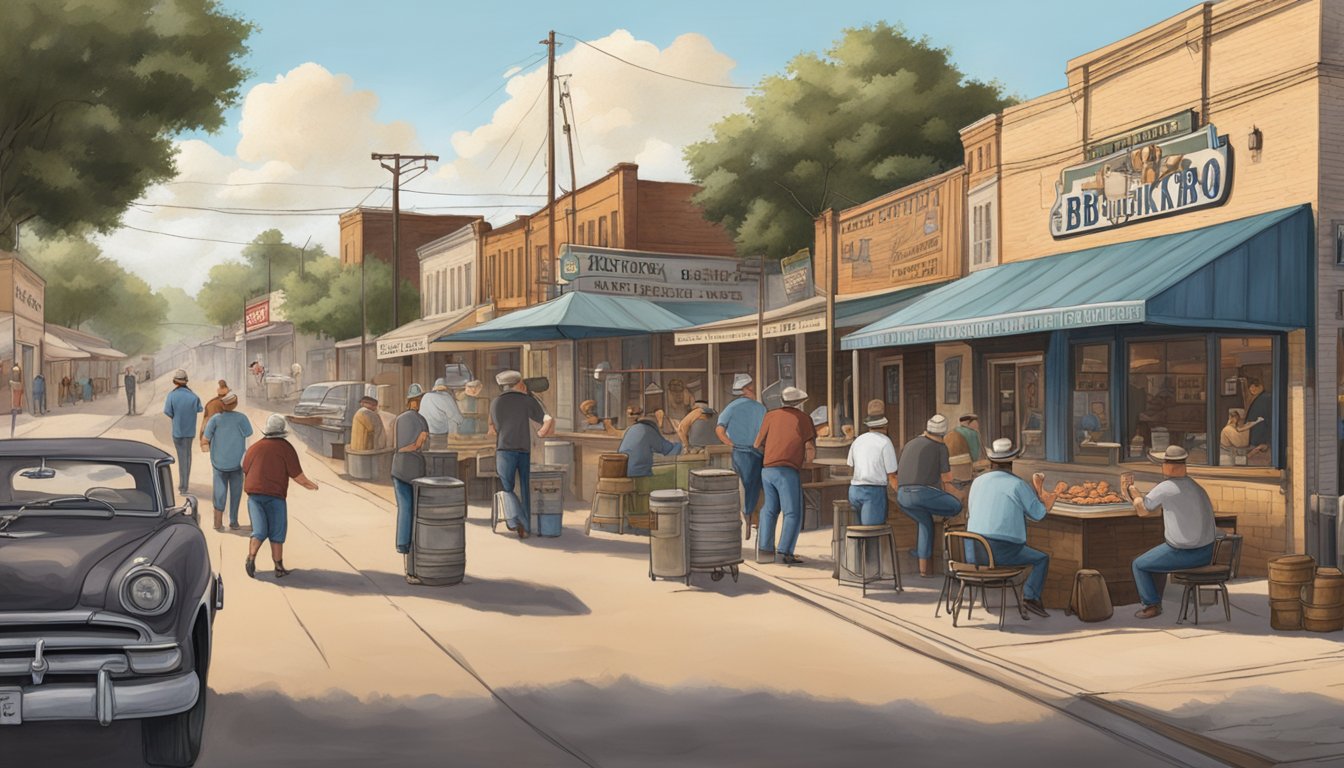 A bustling street lined with historic BBQ joints and outdoor smokers in Lockhart, Texas. A sign proclaims "The History of BBQ in Lockhart."