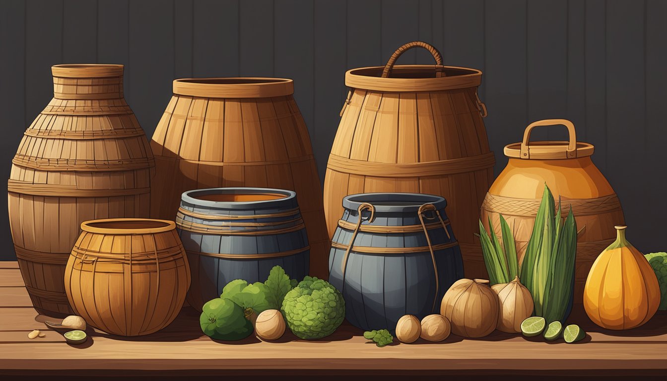 A diverse array of traditional fermentation vessels from around the world, including clay pots, wooden barrels, and woven baskets, sit on a rustic table surrounded by ingredients like fruits, vegetables, and grains