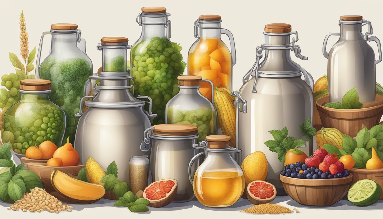 A variety of fermentation vessels from different cultures, filled with bubbling liquids and surrounded by ingredients like fruits, grains, and herbs