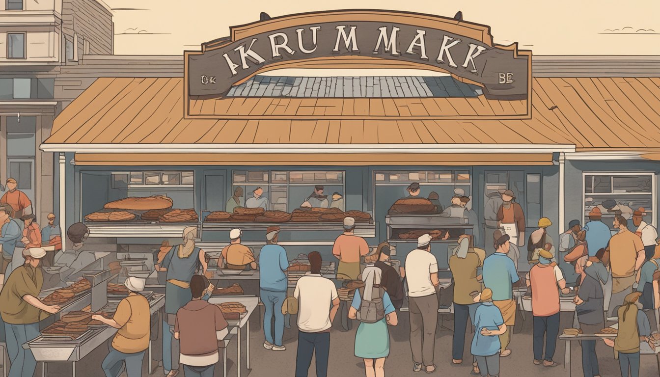 A bustling BBQ market with a large sign reading "Kreuz Market" and a line of people waiting to order brisket. Smoke billows from the outdoor pit