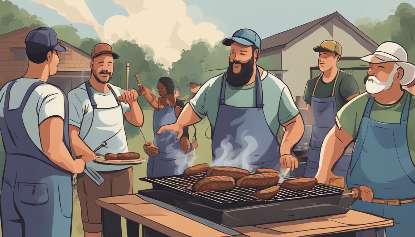 A group of aspiring pitmasters gather around a BBQ pit, learning essential cooking techniques in Lockhart. Smoke billows from the grill as the instructor demonstrates various BBQ methods