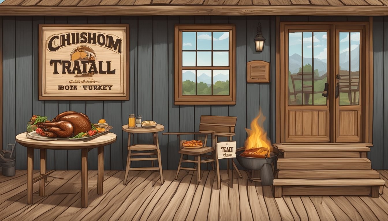 A rustic BBQ joint with a sign for "Chisholm Trail" and a platter of smoked turkey on a wooden table