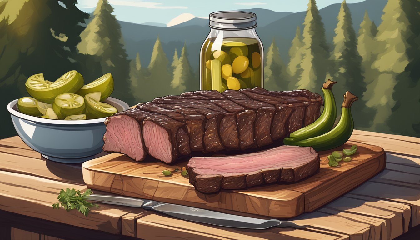 A juicy beef rib on a wooden cutting board with a side of pickles and onions, surrounded by a rustic barbecue setting