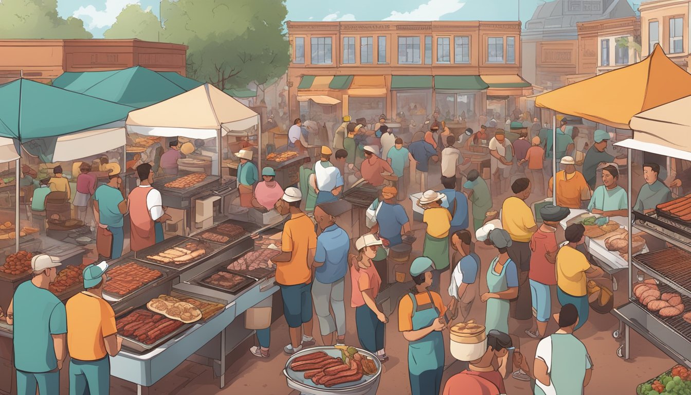 A bustling outdoor BBQ market with smoke rising from the grills, surrounded by eager customers and vendors showcasing various meats and sauces