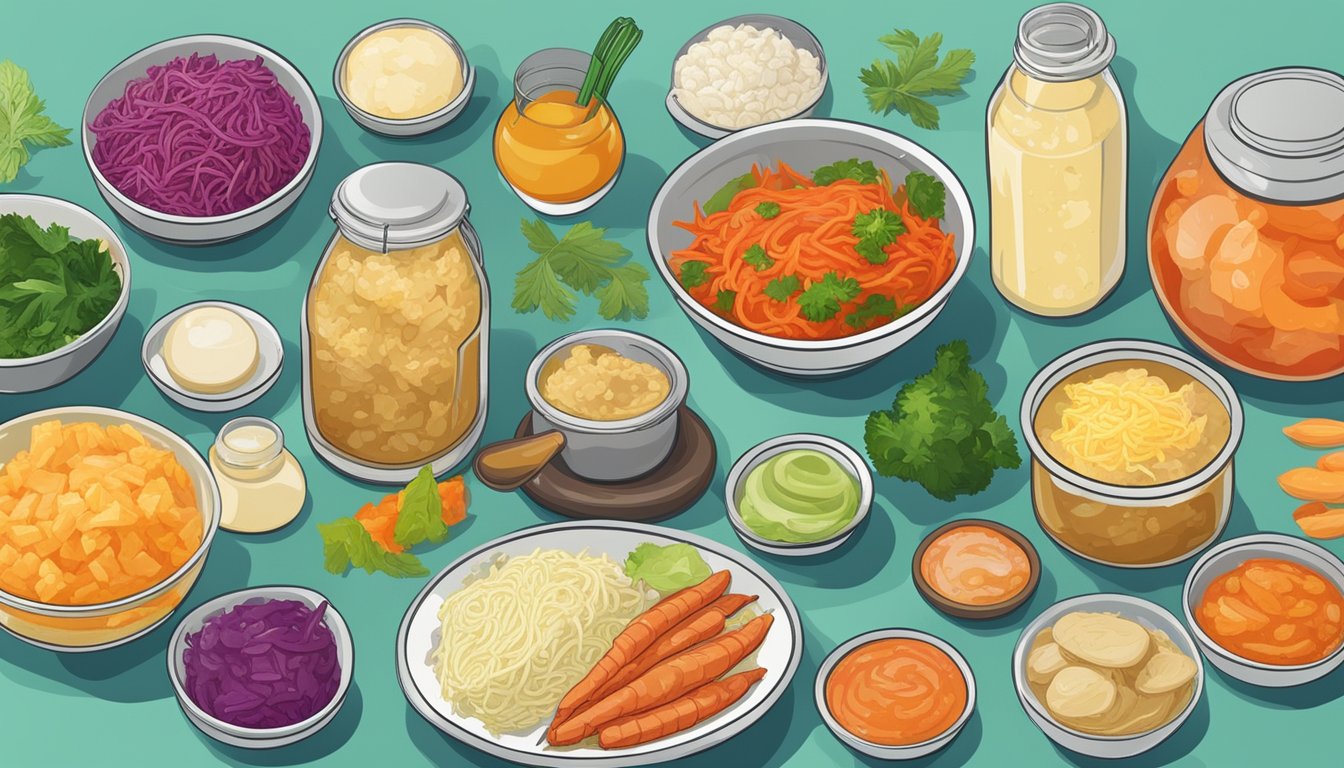 A diverse array of fermented foods from around the world, such as kimchi, sauerkraut, miso, and kefir, displayed on a table with colorful backgrounds representing different cultures