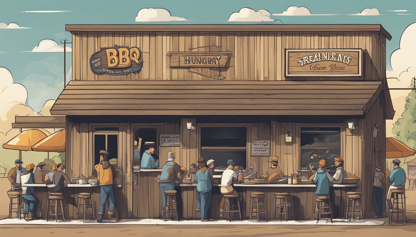 A rustic BBQ joint with a weathered sign, smoke billowing from the pit, and a line of hungry patrons waiting for their savory slices