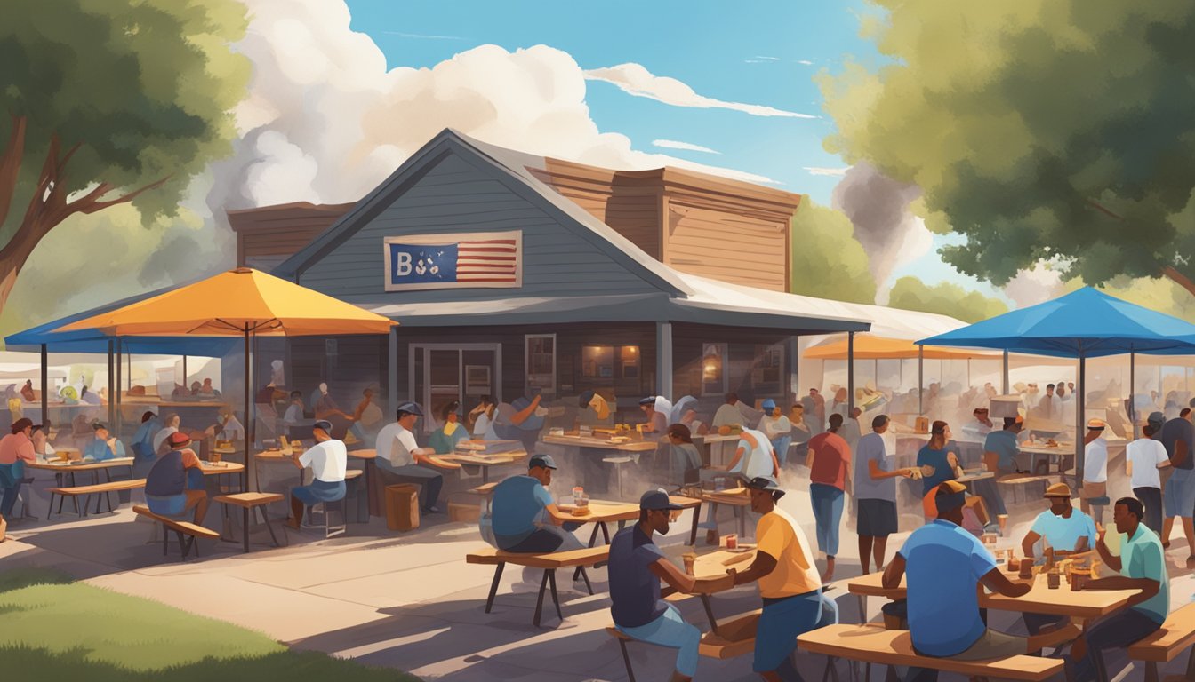 A bustling BBQ joint with smoke billowing from the pit, patrons enjoying ribs and brisket at outdoor picnic tables under the Texas sun