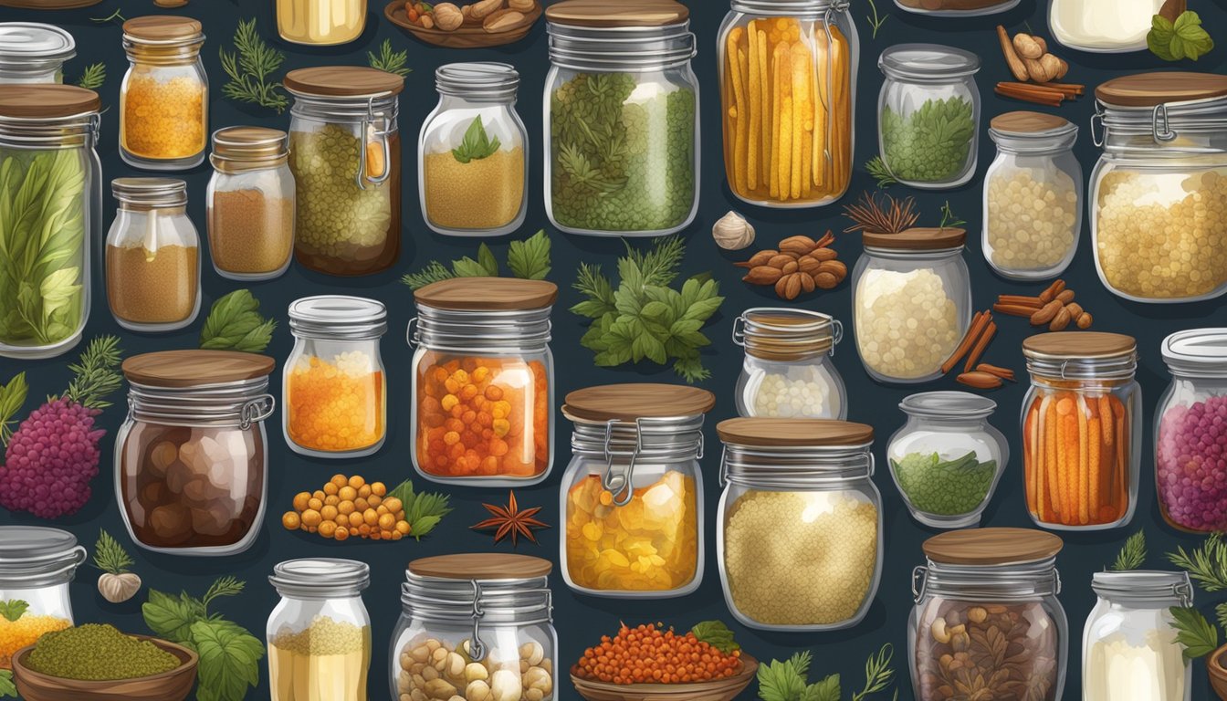 A table filled with various jars and containers of fermented foods from different cultures, surrounded by colorful spices and herbs