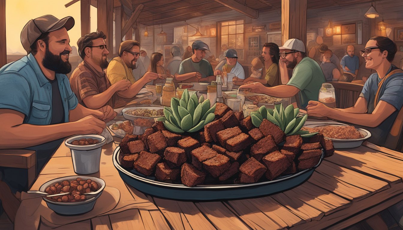 A platter of succulent burnt ends at Terry Black's BBQ, surrounded by rustic decor and the buzz of locals enjoying their meals