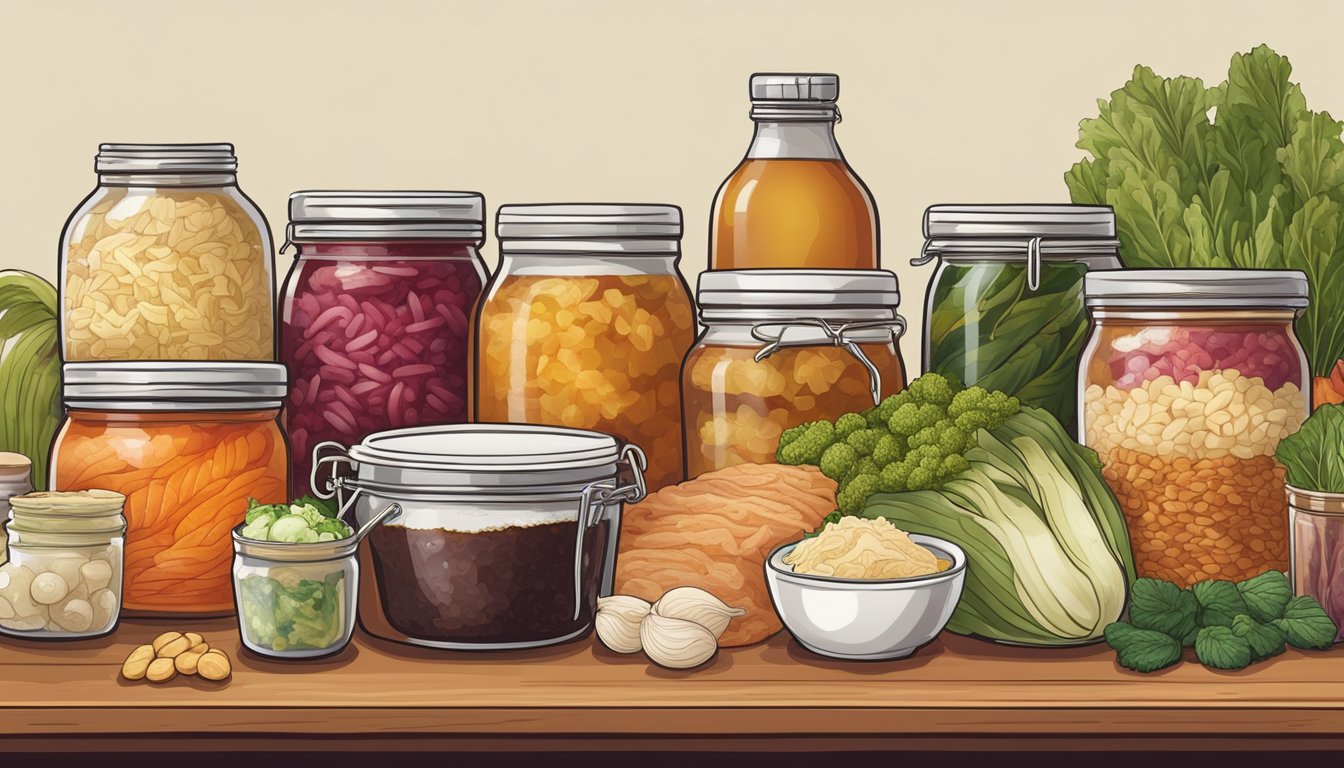 A table filled with various fermented foods from different cultures, including kimchi, sauerkraut, miso, and kombucha, all arranged in an artistic and appetizing display