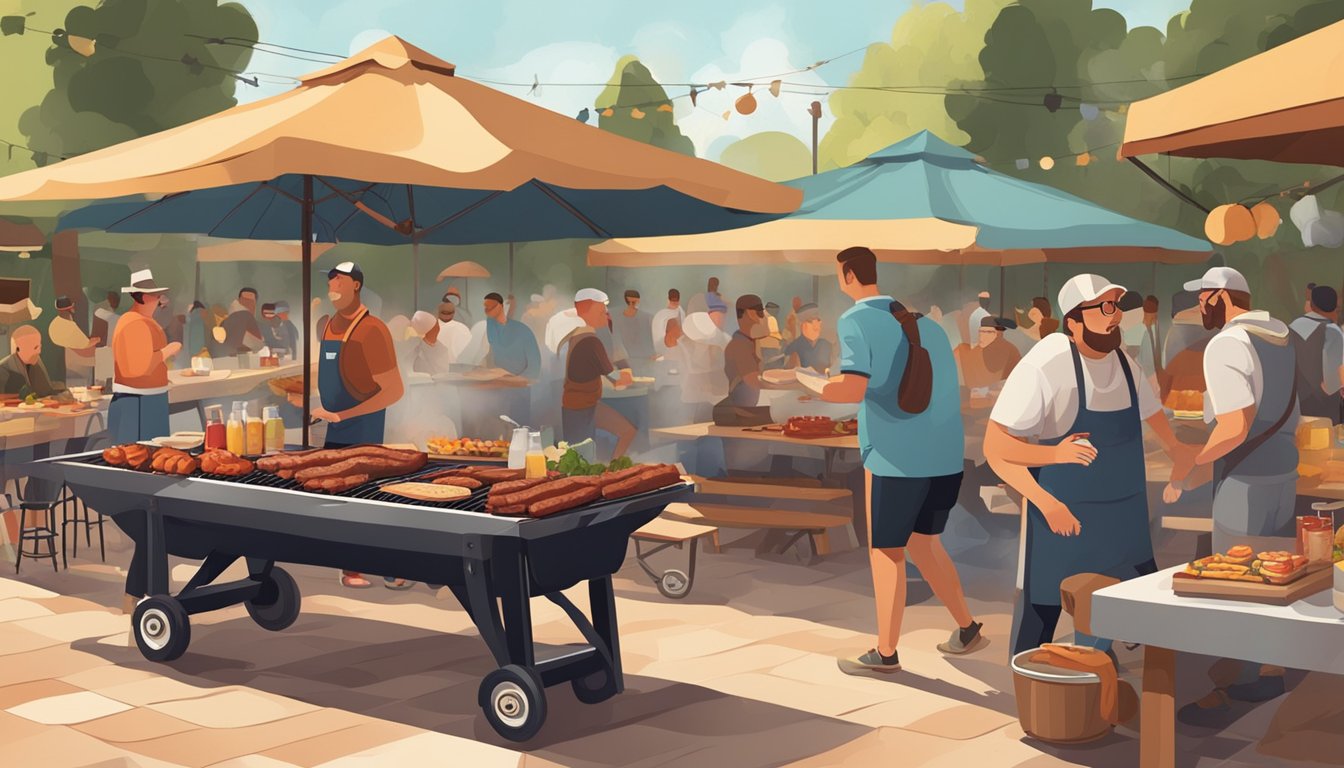 A bustling outdoor BBQ market with smoke billowing from large grills, locals chatting and enjoying food at picnic tables, and a lively atmosphere filled with the aroma of smoky meats