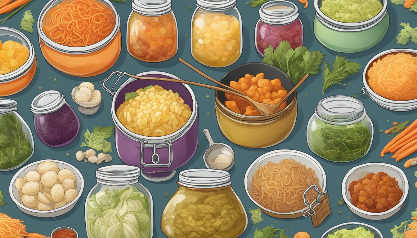 A colorful array of fermenting foods from various cultures, including jars of kimchi, sauerkraut, miso, and kombucha, surrounded by bubbling fermentation vessels and traditional utensils