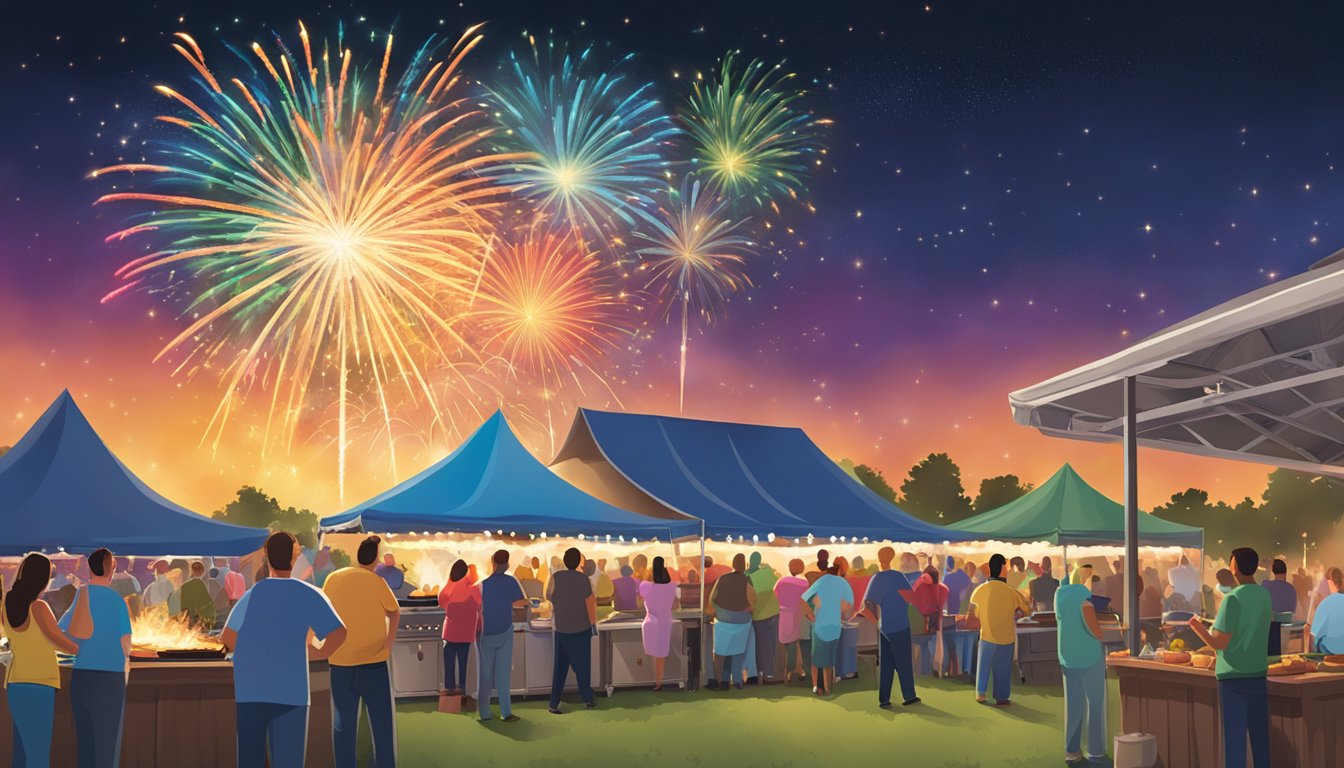 Colorful fireworks bursting over a bustling BBQ cook-off event in Lockhart Community. Smoky aroma fills the air as attendees enjoy the festivities