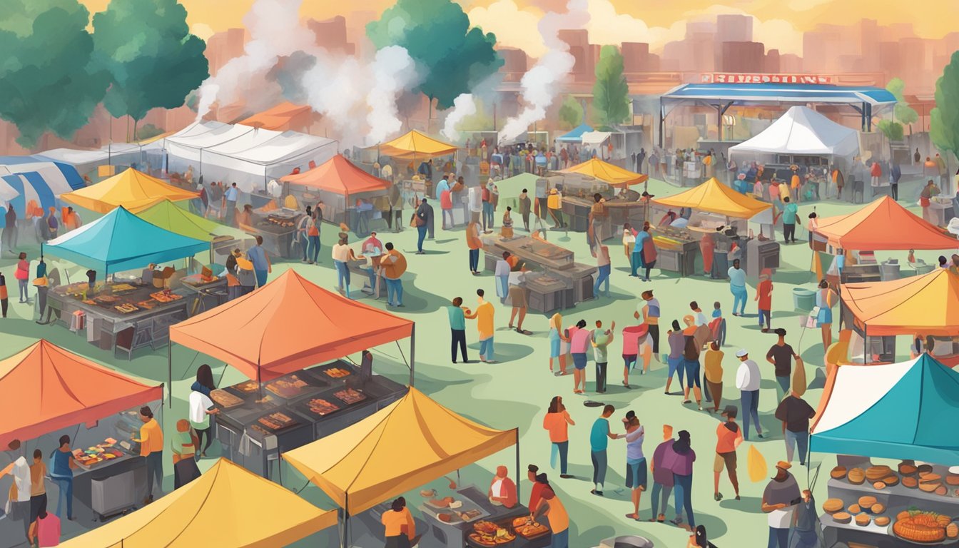 A bustling outdoor cook-off with colorful tents, smoke rising from grills, and people mingling around BBQ stands