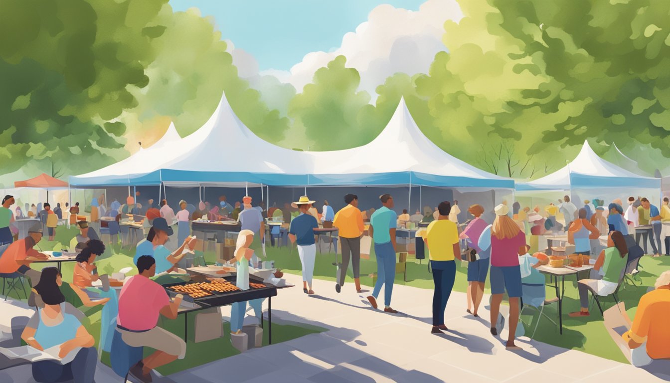 A bustling outdoor BBQ event with colorful tents, smoke rising from grills, and people mingling under the spring sun at the Dr. Eugene Clark Library