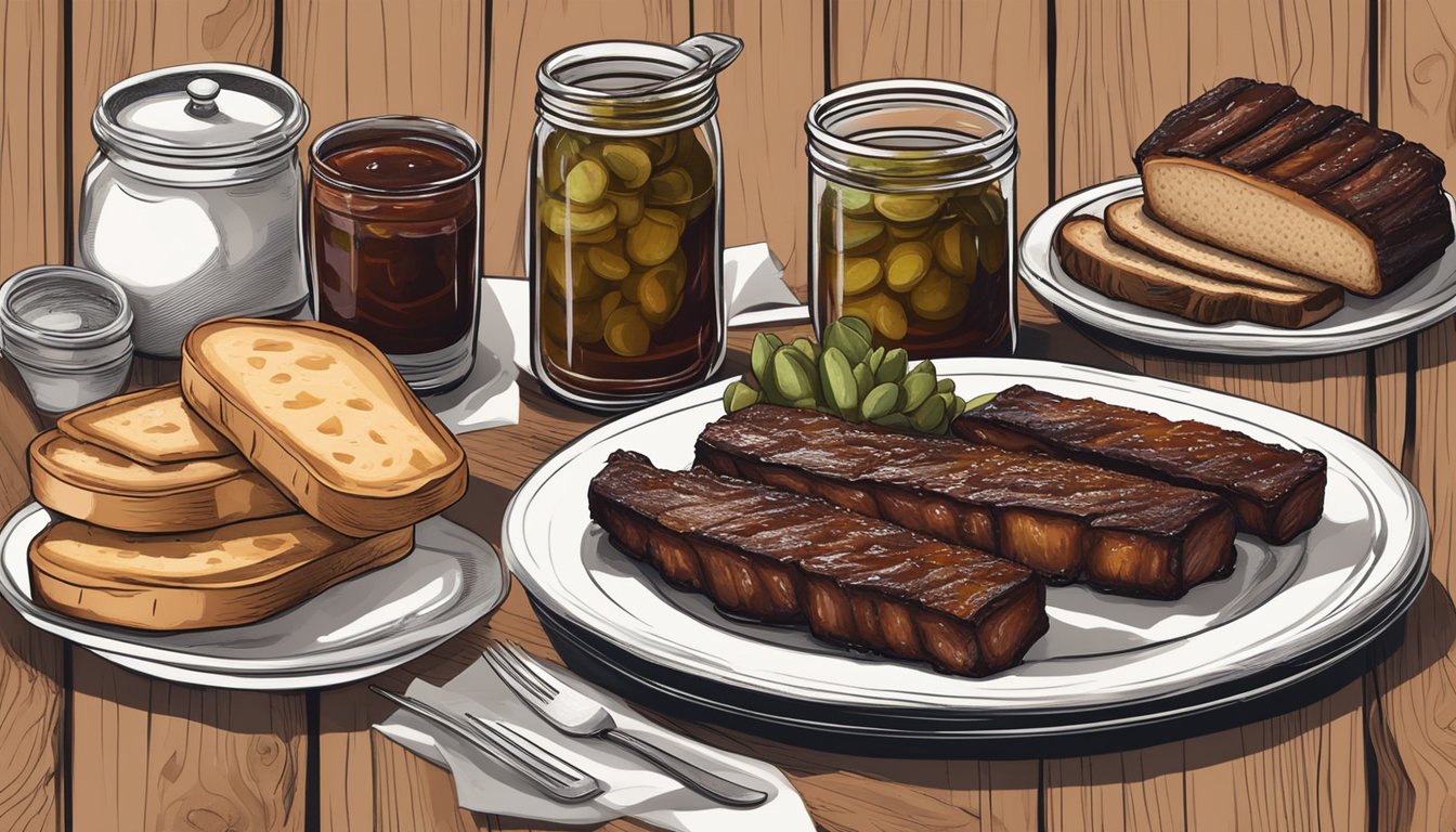 A rustic wooden table with a platter of succulent smoked ribs, surrounded by barbecue sauce, pickles, and slices of white bread