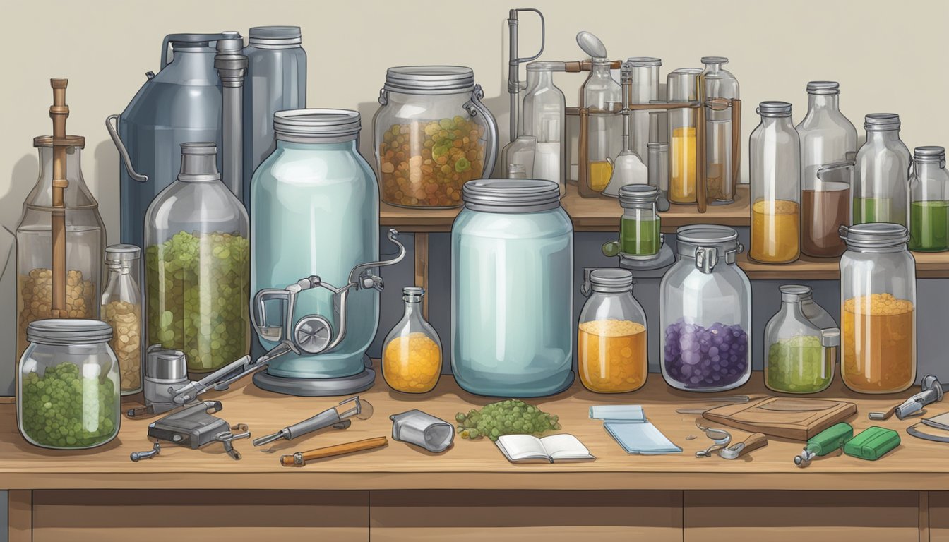 A cluttered workbench holds various fermentation tools: airlocks, carboys, hydrometers, and siphons. A book on fermentation sits open nearby