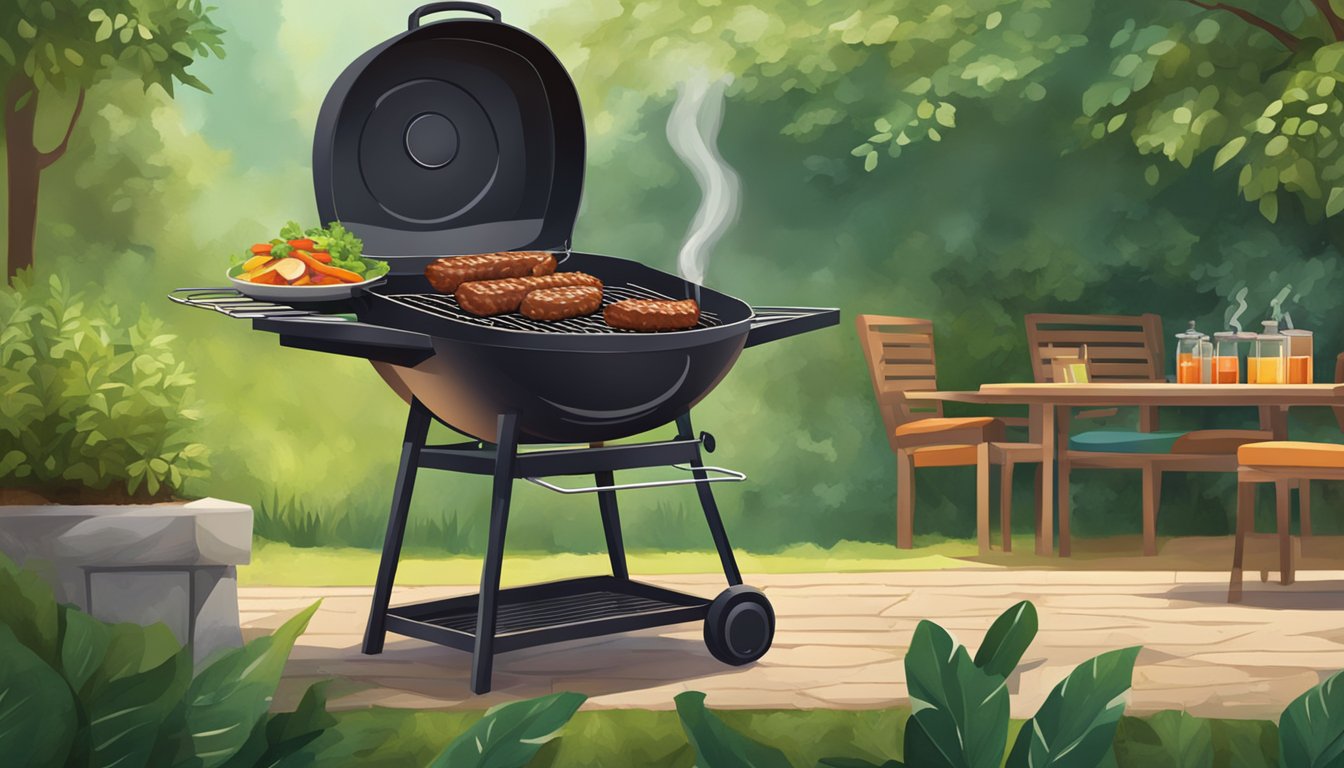 A sizzling barbecue grill with juicy pork chops, surrounded by rustic outdoor seating and lush greenery