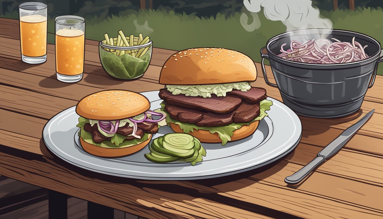 A rustic wooden table with a juicy brisket sandwich, pickles, and a side of coleslaw, surrounded by a classic barbecue setting with smoke rising from the grill