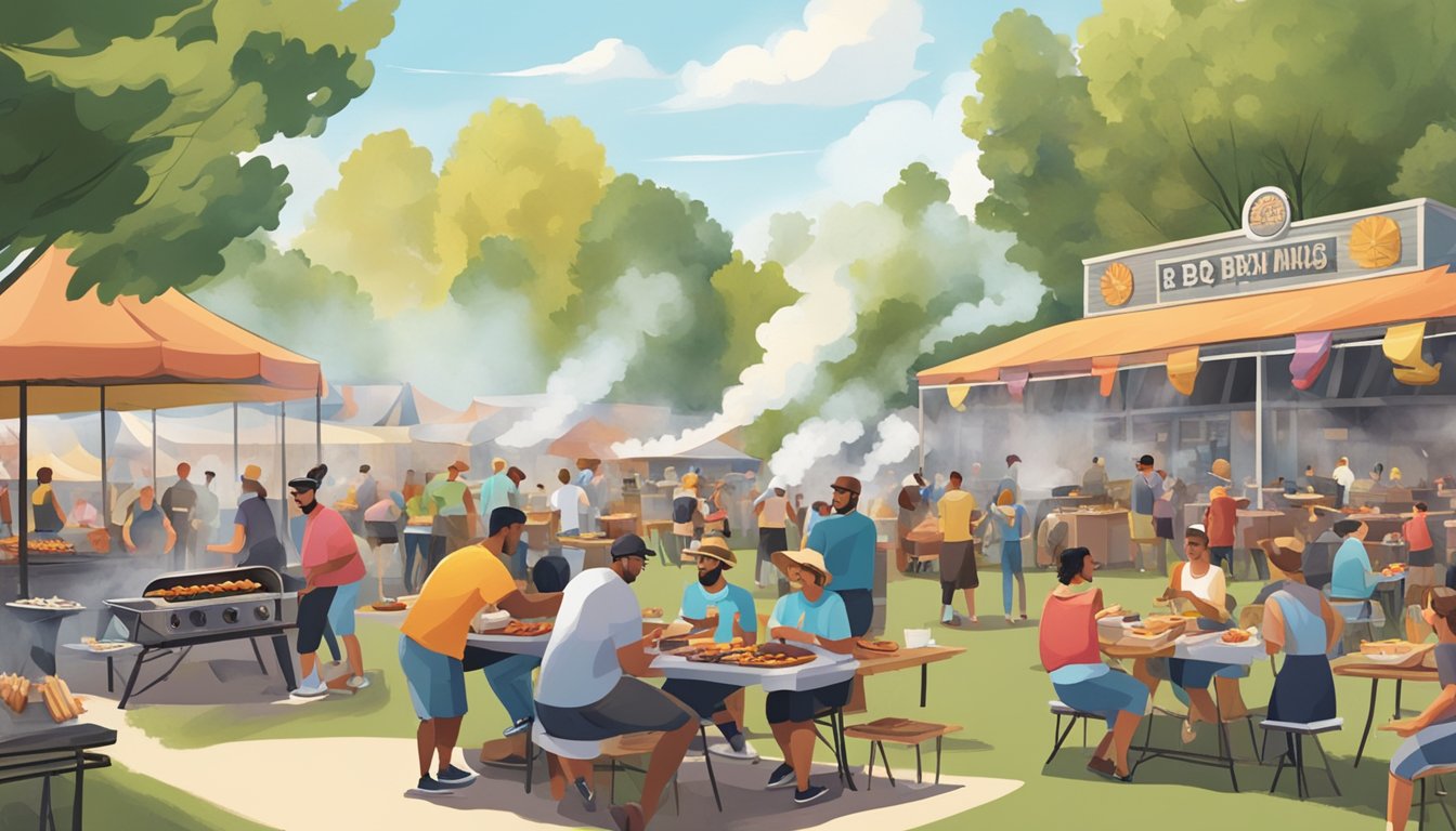 A bustling outdoor BBQ event with smoke rising from grills, people gathered around picnic tables, live music playing, and vendors selling a variety of BBQ dishes